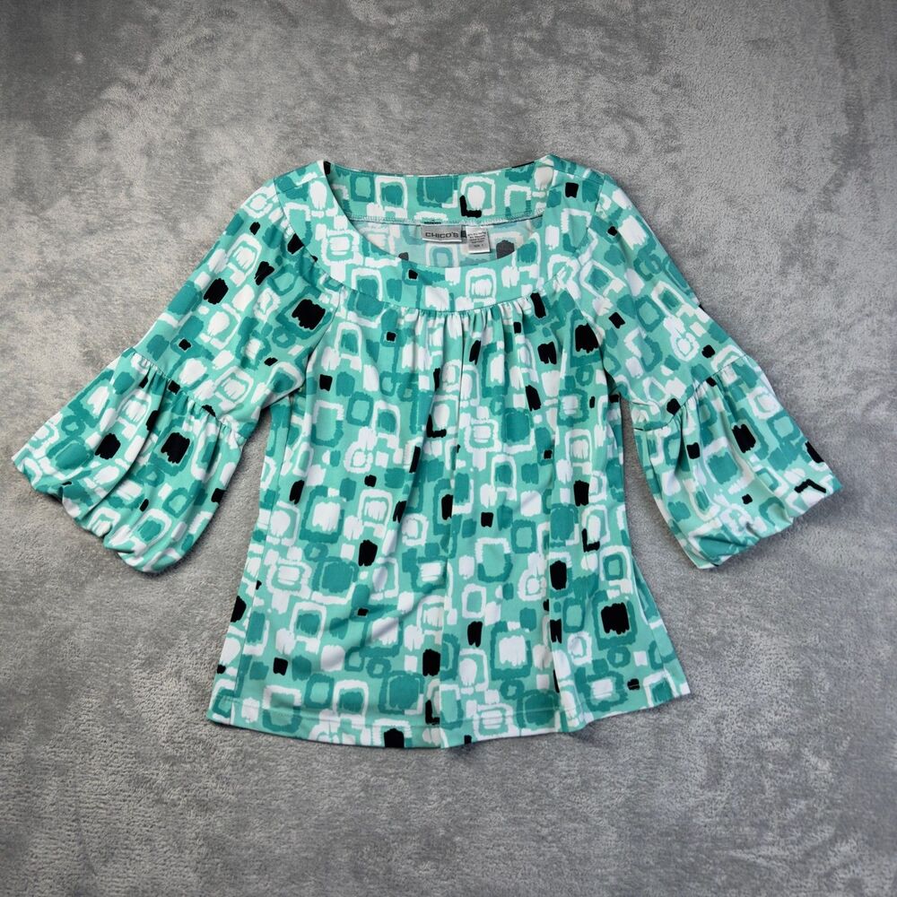 Chicos Top Womens 1 Medium Green White 3/4 Sleeve Geometric Scoop Neck Blouse